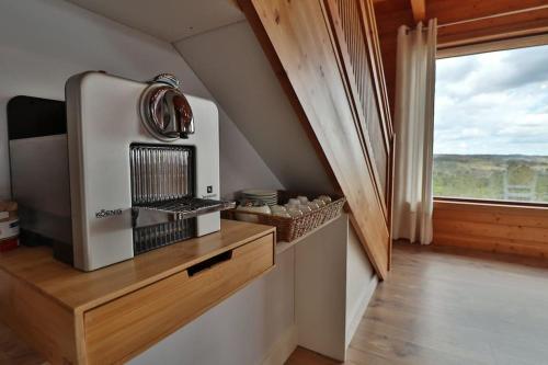 a kitchen with a microwave on a counter next to a window at Retiro do Vouga in Águas Boas