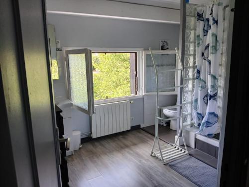 une salle de bain avec un lavabo et une fenêtre et des toilettes dans l'établissement Appartement indépendant privatif avec jardin, à Le Crès