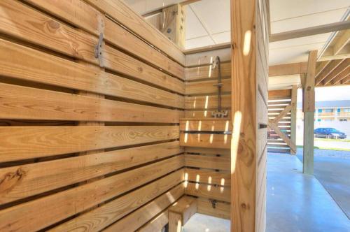 a wooden accent wall in a sauna at Starboard Side in Oak Island