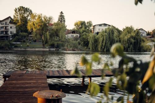 a wooden dock on a lake with buildings in the background at Madison Lake Villa in Baloteşti