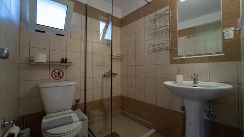 a bathroom with a toilet and a sink and a shower at Studios Vaso - Center in Parga