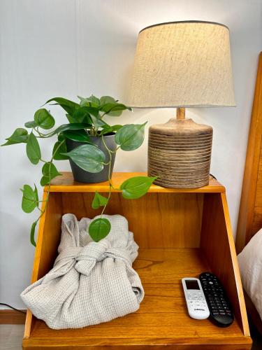 a night stand with a lamp and a plant on it at Easy access to Metro in Seoul