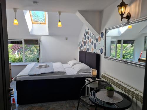 een slaapkamer met een bed en een tafel en ramen bij CASA ARYAN in Sînpetru