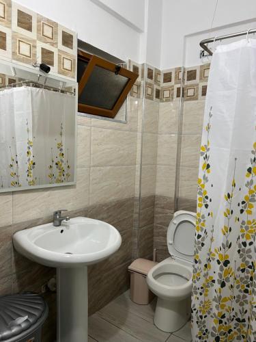 a bathroom with a sink and a toilet and a shower curtain at Dea Apartament in Ksamil