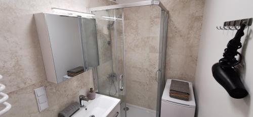 een badkamer met een douche, een wastafel en een toilet bij Mango Lu z balkonem, plaża 300m in Sopot