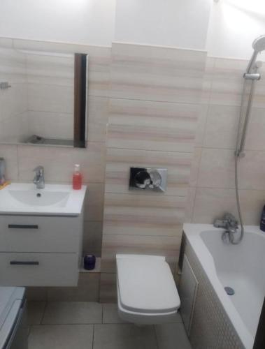 ヴロツワフにあるWyspa apartmentのバスルーム(トイレ、洗面台、バスタブ付)