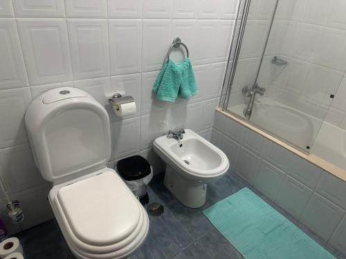 Un baño con inodoro, lavabo y ducha. en Elisabeth House, en Ponta do Sol