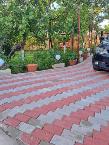 einen steinernen Gehweg mit einem Auto darauf geparkt in der Unterkunft Casa Dana in Haţeg