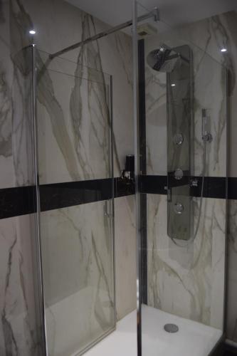 une salle de bain avec une douche avec une porte vitrée dans l'établissement Lit en Loire, à Saint-Cyr-sur-Loire