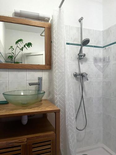 La salle de bains est pourvue d'une douche et d'un lavabo en verre. dans l'établissement Gîte de l'Olivier, à Nyons