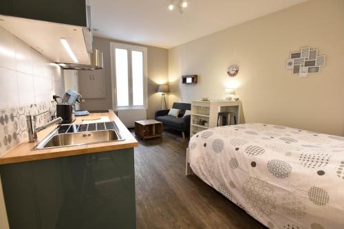 - une cuisine avec évier et un lit dans une chambre dans l'établissement Studio Cosy Abondance au Coeur du Centre Historique -Wifi-Coin chambre, à Arles