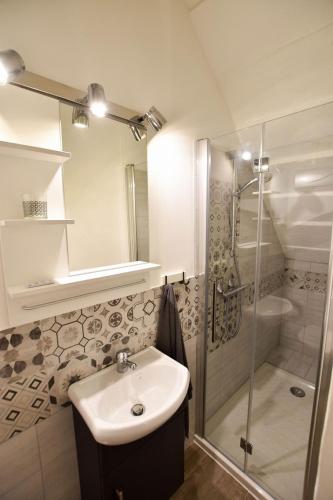 une salle de bain avec un lavabo et une douche dans l'établissement Studio Cosy Abondance au Coeur du Centre Historique -Wifi-Coin chambre, à Arles
