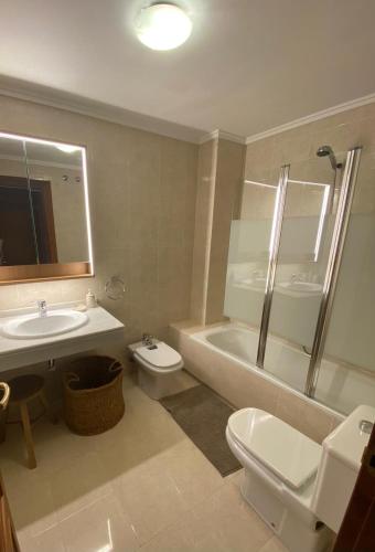 a bathroom with a sink and a toilet and a shower at Camino Santiago Naturaleza en Logroño Parking y Piscina by Apartamentos Logrono org in Logroño