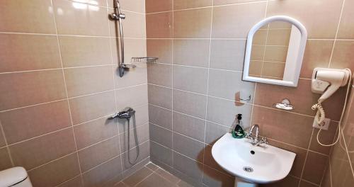 a bathroom with a shower and a sink and a mirror at Sighnaghi Central in Sighnaghi