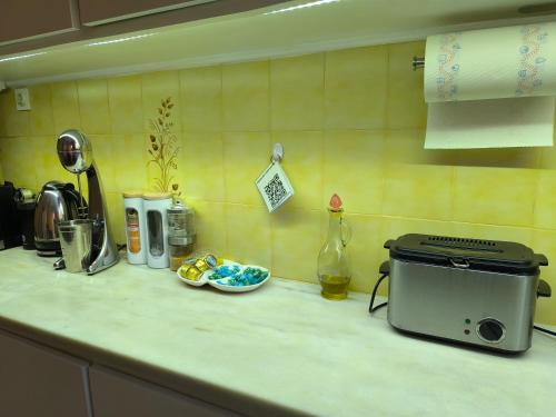 a kitchen counter with a toaster and a bowl of food at Mary's house in Kyparíssion