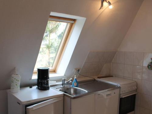 a kitchen with a sink and a window at Mit Pool bei Grevesmühlen in Schönhof