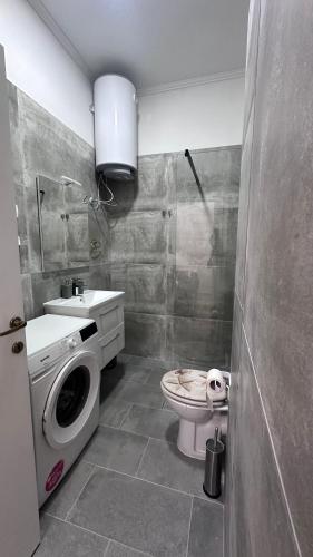a bathroom with a washing machine and a toilet at Apartment Lora in Starigrad-Paklenica