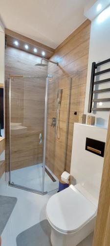 a bathroom with a shower and a toilet at Apartamenty Trzy Kopce SKI & BIKE & SAUNA in Ustroń