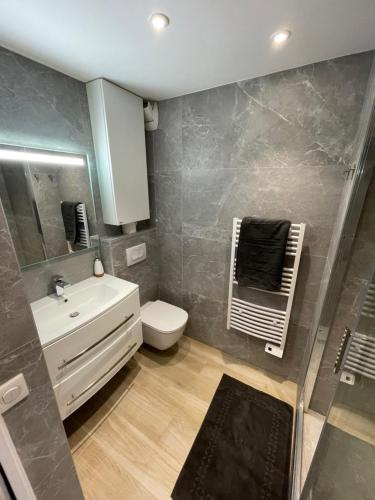 une salle de bain avec un lavabo, des toilettes et un miroir dans l'établissement Bali vibes piscine tennis wifi AC Clim, à Antibes