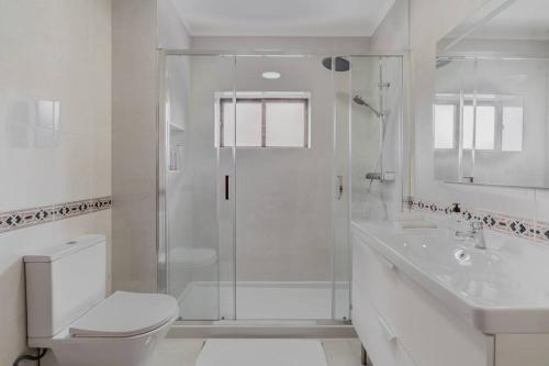 a bathroom with a shower and a toilet and a sink at Terrace Beach Apartment in Buarcos