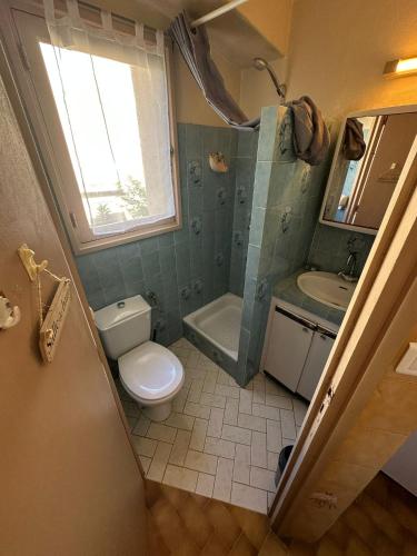 une petite salle de bain avec toilettes et lavabo dans l'établissement Charmant T3 au cœur de la vieille ville, à LʼÎle-Rousse