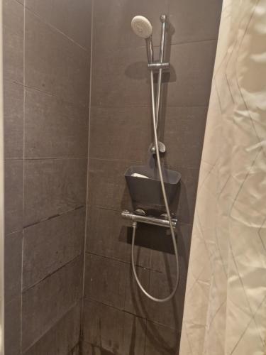 a shower with a shower head in a bathroom at A charming apartment in the heart of Copenhagen in Copenhagen