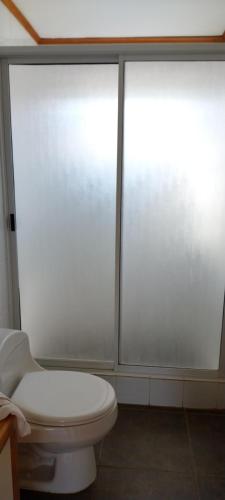 a bathroom with a toilet and a sliding glass door at Cabañas Rancho Pinares in Pichilemu