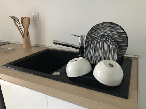 un évier de cuisine avec un ventilateur et deux appareils électroménagers dans l'établissement Au cœur de la ville, à Lourdes