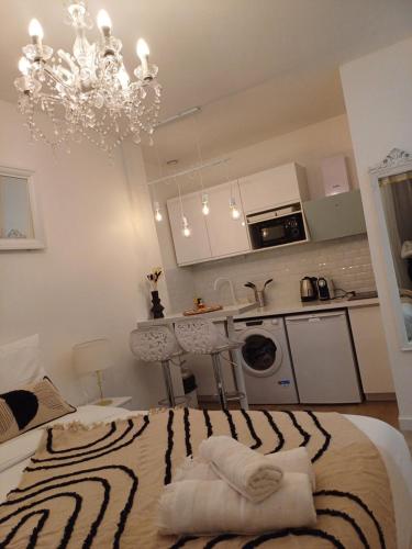 Cet appartement comprend une chambre avec un lit et une cuisine avec un lustre. dans l'établissement *Cazotte Zola *, à Dijon