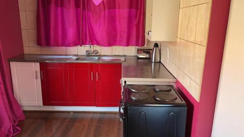 uma pequena cozinha com armários vermelhos e um fogão em Happy Holiday Backpackers em Victoria Falls