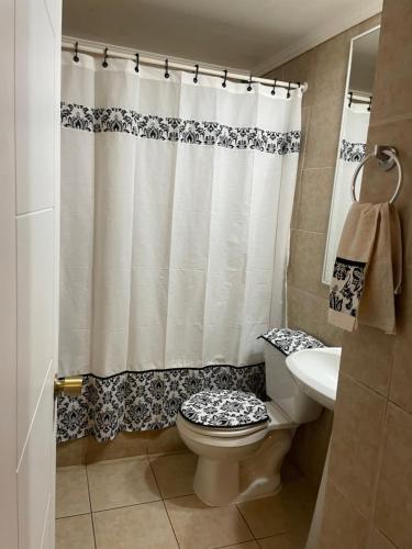 a bathroom with a toilet and a shower curtain at Edificio Arauco in Los Ángeles