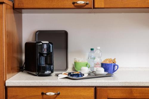 a kitchen counter with a coffee maker and a plate of food at Affittacamere Casa Emilia Foresteria Lombarda in Ponte San Pietro