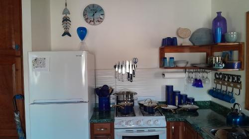 a kitchen with a white refrigerator and a stove at Bella Vita Casitas in Placencia Village