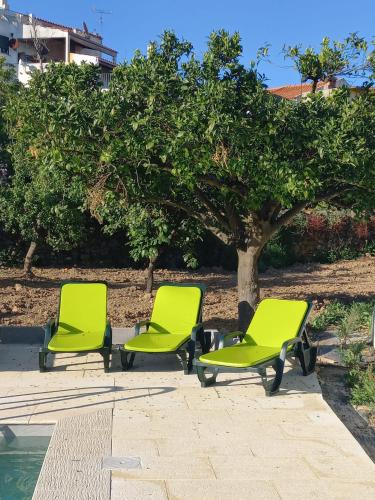three green chairs sitting in front of a tree at Casa de Cardigos in Cardigos