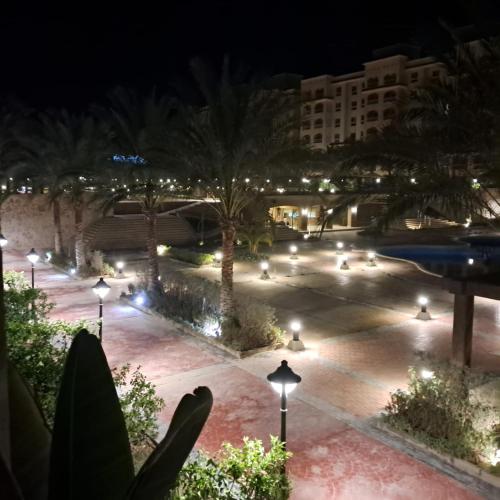 a park at night with palm trees and lights at استديو فندقى مكيف بتراس اكوا فيو Aquaview in El Alamein