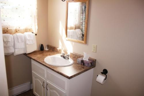 a bathroom with a sink and a mirror at Rustico Acres Cottages in North Rustico