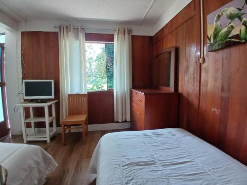 奧克薩潘帕的住宿－Cemayu Lodge，一间卧室配有一张床、一张书桌和一台电视