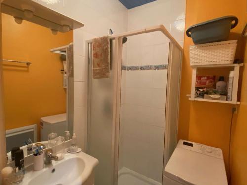 La petite salle de bains est pourvue d'une douche et d'un lavabo. dans l'établissement Charmant Studio Rénové à Deux Pas de la Plage et des Commerces - FR-1-674-44, à Berck-sur-Mer