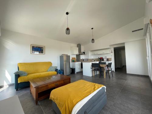 un salon avec un canapé et une table dans l'établissement Argelès Plage - T3 Neuf avec Clim, 4 Couchages, Parking, Grande Terrasse - FR-1-309-453, à Argelès-sur-Mer