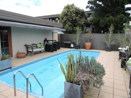 a swimming pool with plants in a backyard at Horizons Motel in Gold Coast