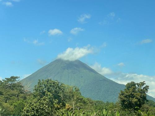 a mountain in the distance with trees in the foreground at Hotel Tierra de Volcanes in San Ramón
