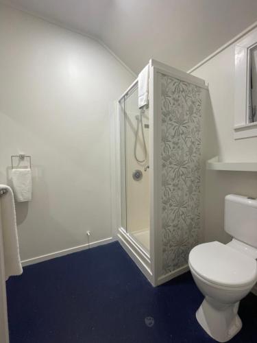 a bathroom with a toilet and a shower in it at Bavaria Boutique Hotel in Auckland