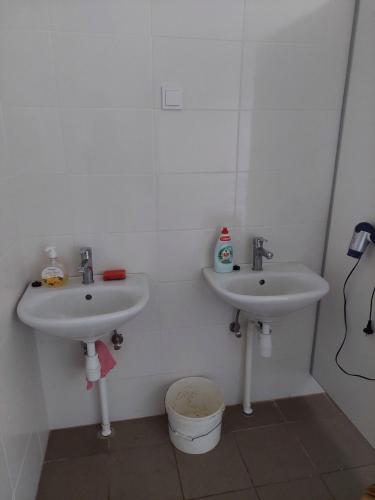 a white bathroom with two sinks and a bucket at Kriaunų bendruomenės Svečių namai in Gipenai