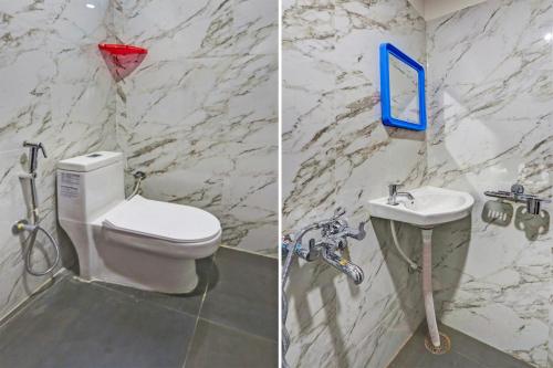 Collection O SV Delight Inn في حيدر أباد: صورتين لحمام مع مرحاض ومغسلة