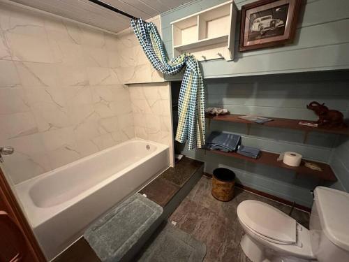a bathroom with a tub and a toilet and a sink at The Beach Cave in Santa Rosa Beach