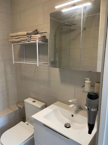 une salle de bain avec un lavabo, des toilettes et un miroir dans l'établissement A 10min de Paris La Défense et Roland garros appartement lumineux avec parking et climatisation, à Rueil-Malmaison