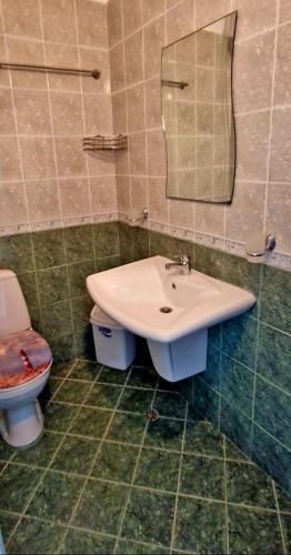 a bathroom with a sink and a toilet at Амон Ра in Primorsko