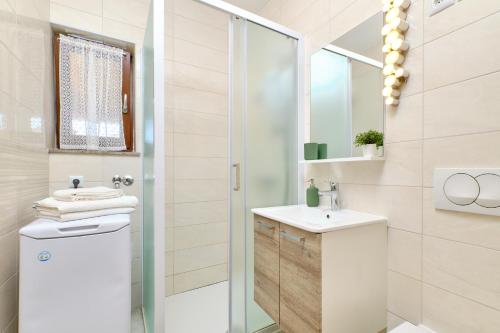 uma casa de banho com um WC, um lavatório e um chuveiro em Argo Apartmani em Mali Lošinj
