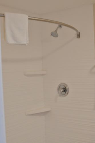 a shower with a white towel and a shower head at A-1 Budget Motel in Klamath Falls