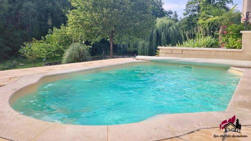 une piscine avec de l'eau bleue dans une cour dans l'établissement Les Chalets Du Marais, à Saint-Pierre-Aigle